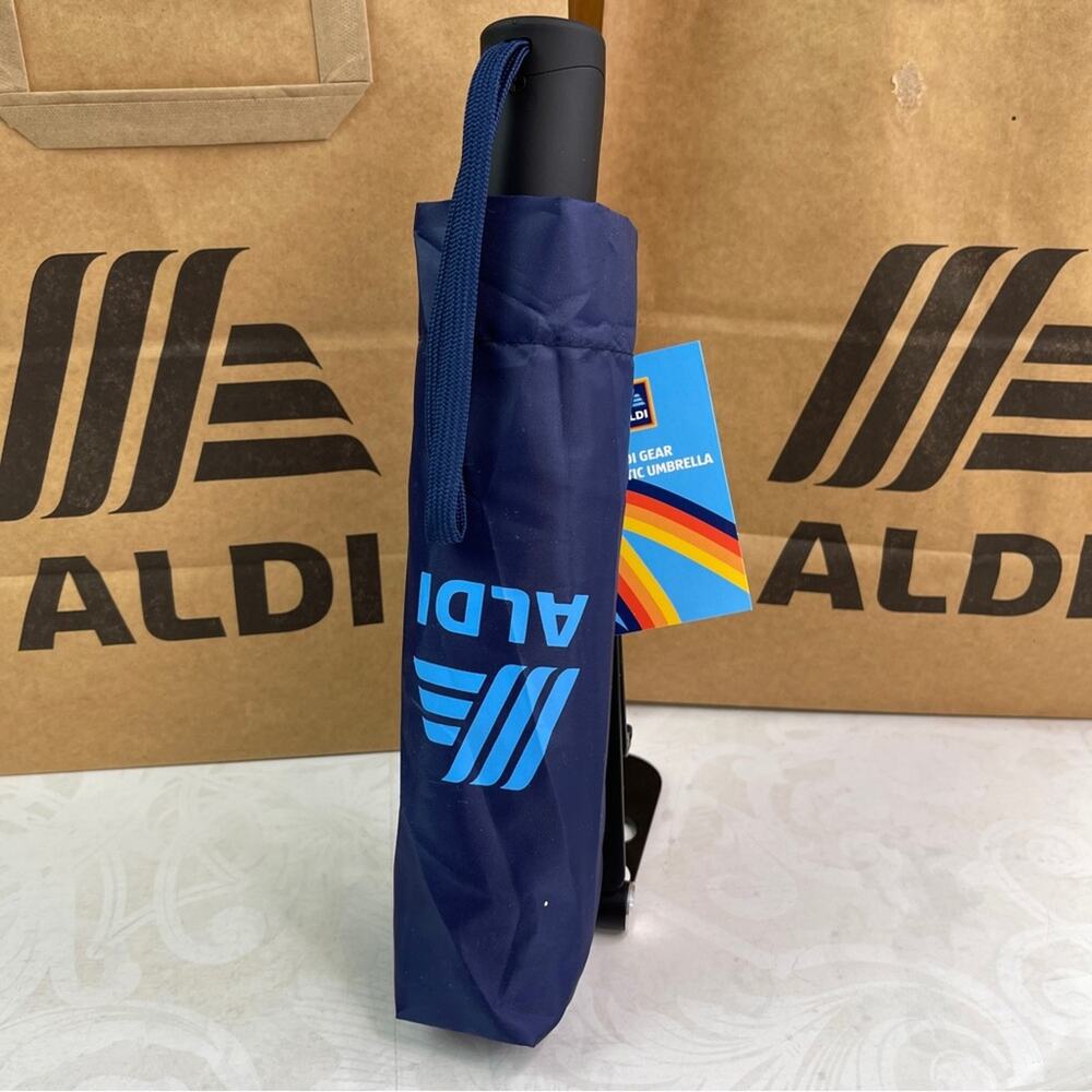 The Aldi Gear Automatic Umbrella Navy Cover Multi Color Panels Aldi Logo